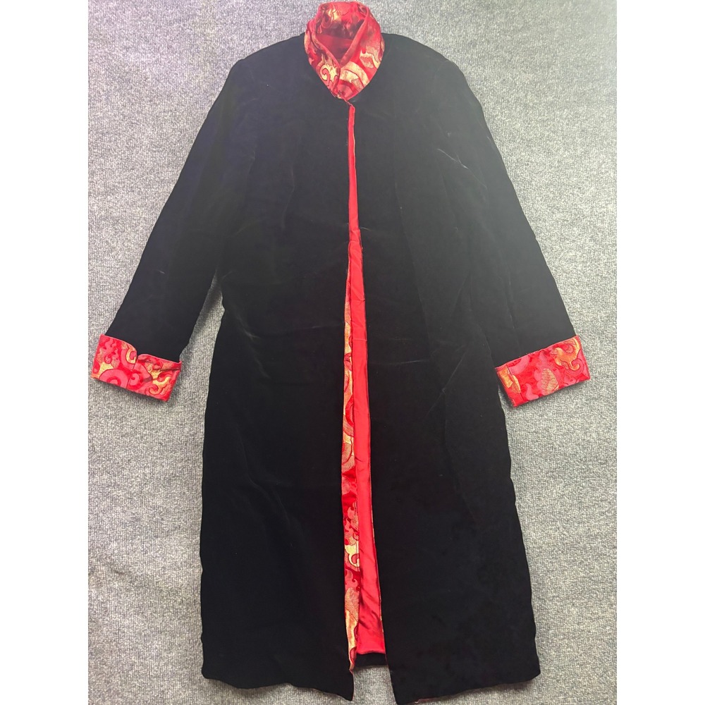 Shanghai Tang Velvet Coat Women 8 Black Red Silk Brocade Mandarin Collar Duster